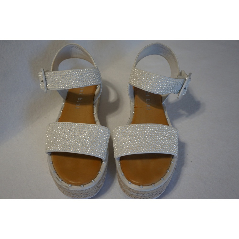 Gianni Bini White Pearl Platform Espadrille Sandals Womens 8M Ankle Strap Buckle - Picture 2 of 6